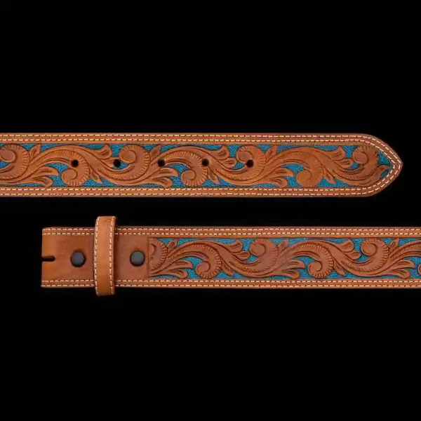 The Live Oak Custom Leather Belt adds a pop of color to accompany your classic western style. Crafted on high quality top grain leather. This belt is double stitched and features a beautiful tooling pattern on top of a hand painted base with the col
